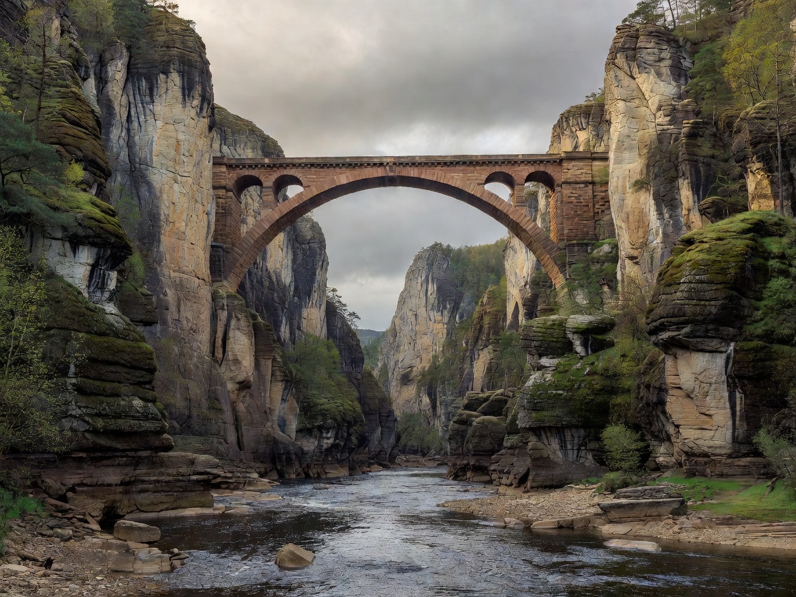 Towering sandstone bridge and cliffs over the Elbe river gorge