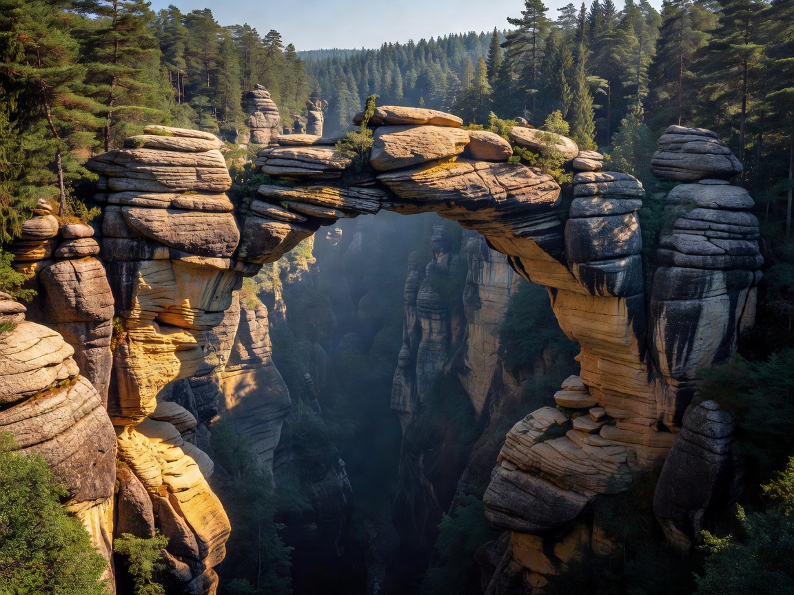 Towering sandstone rock bridge in Bohemian Switzerland canyon